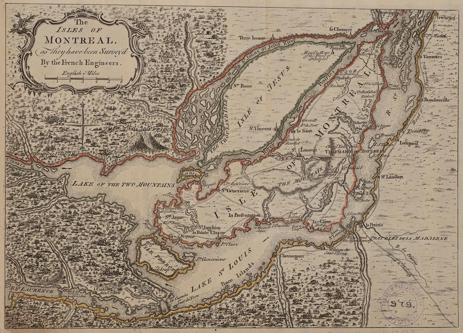 Decorative cartouche containing map title and scale. Colour illustrated map of Isle of Montreal…