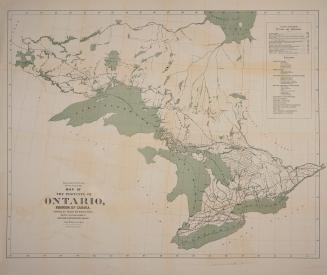 Colour illustrated map of the Province of Ontario depicting the counties and districts, as well…