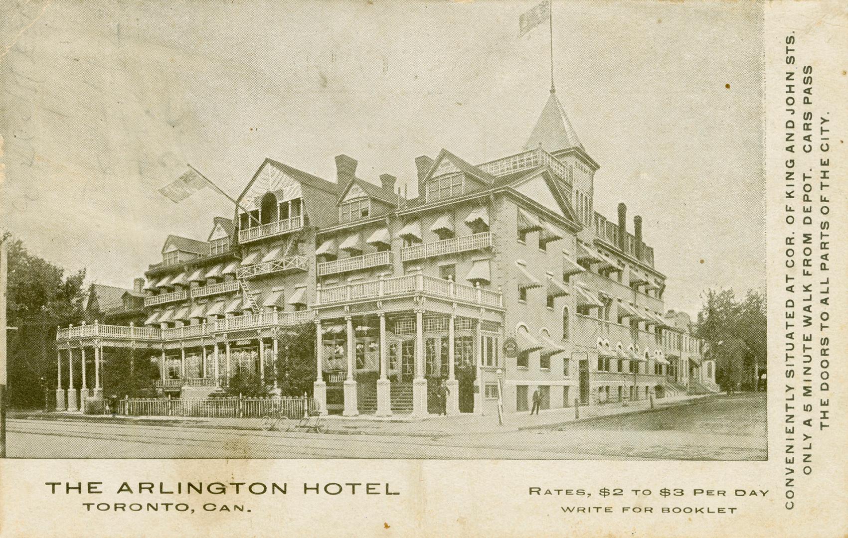 Black and white picture of a four story hotel. Rates $2 to $3 per day.