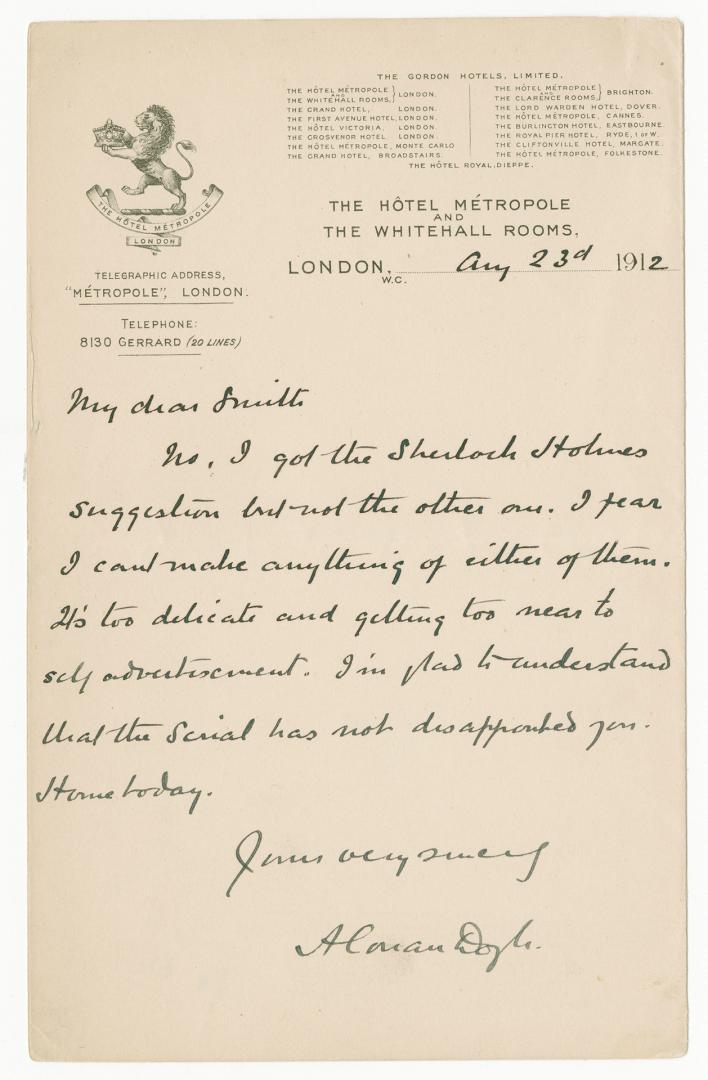 The hotel Metropole and the Whitehall Rooms, London; "My dear Smith; No, I got the Sherlock Holmes suggestion but not the other one"