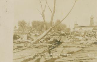 Black and white picture of an amusement park after a fire.