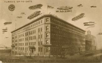 Brown and beige illustration postcard of Walker House Hotel, Toronto, exterior view,, during an…