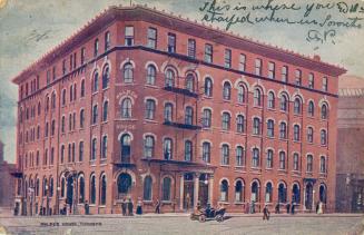 Colour illustration postcard of Walker House Hotel, Toronto, exterior view. Some handwriting on…