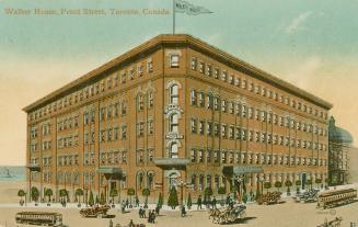 Colour illustrated depiction of Walker House Hotel, on Front Street in Toronto, Canada. Artwork…