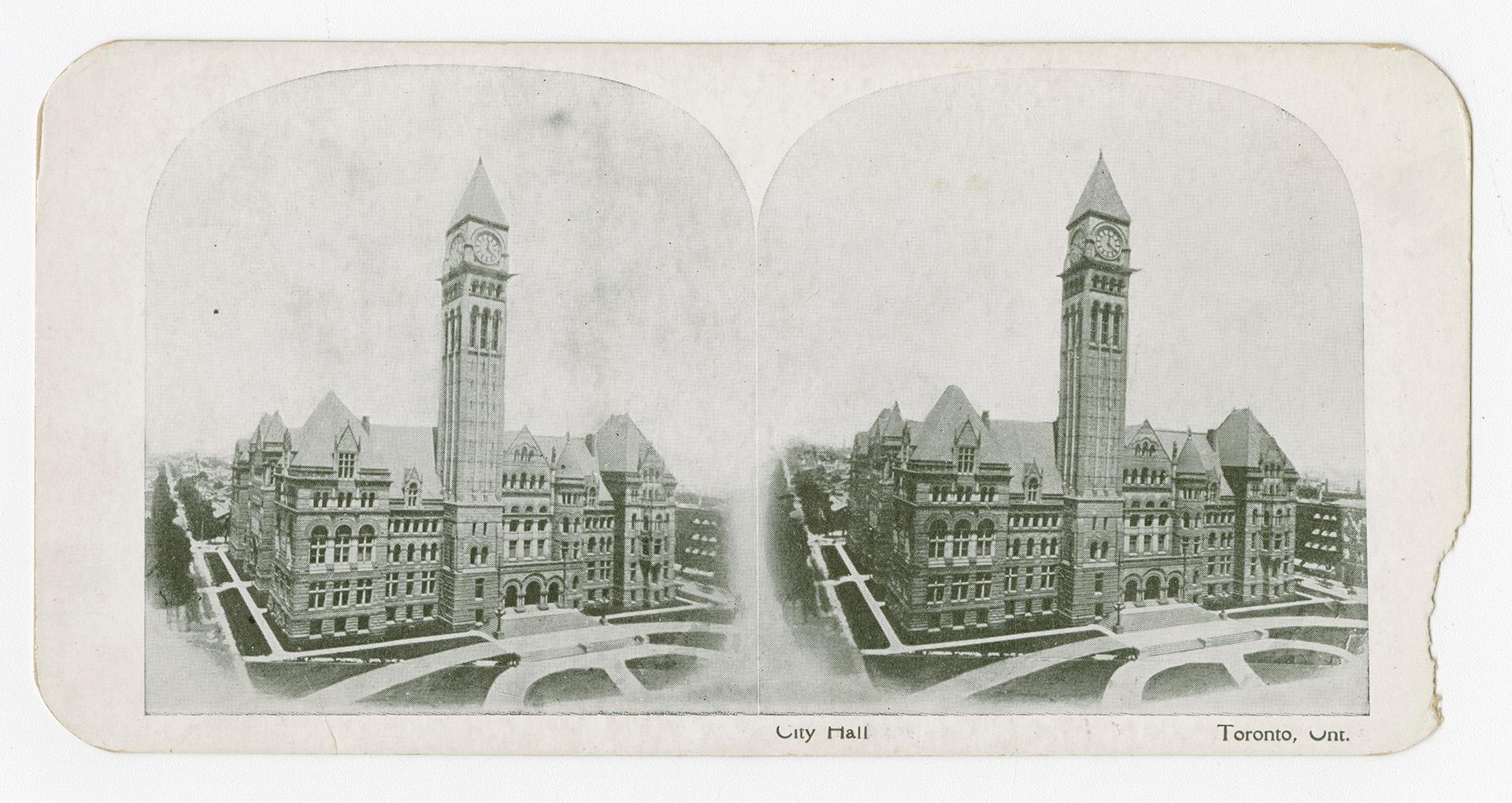 Pictures show a long shot of a large Victorian government building with a clock tower in the ce…