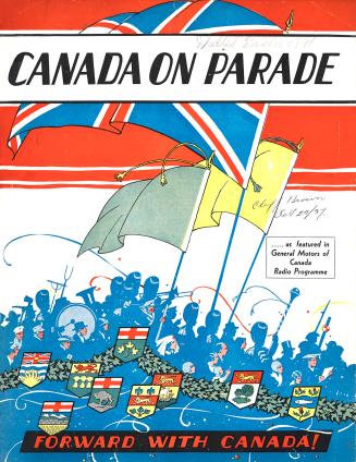 Cover features: title information; drawing of a stylised parade, parade participants, Canadian …