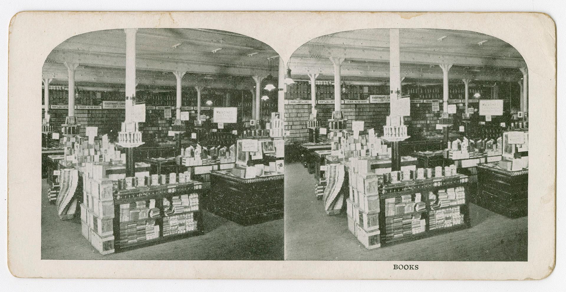 Pictures show displays of books in large store.