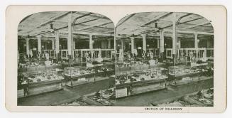 Pictures show hats on display in show cases.