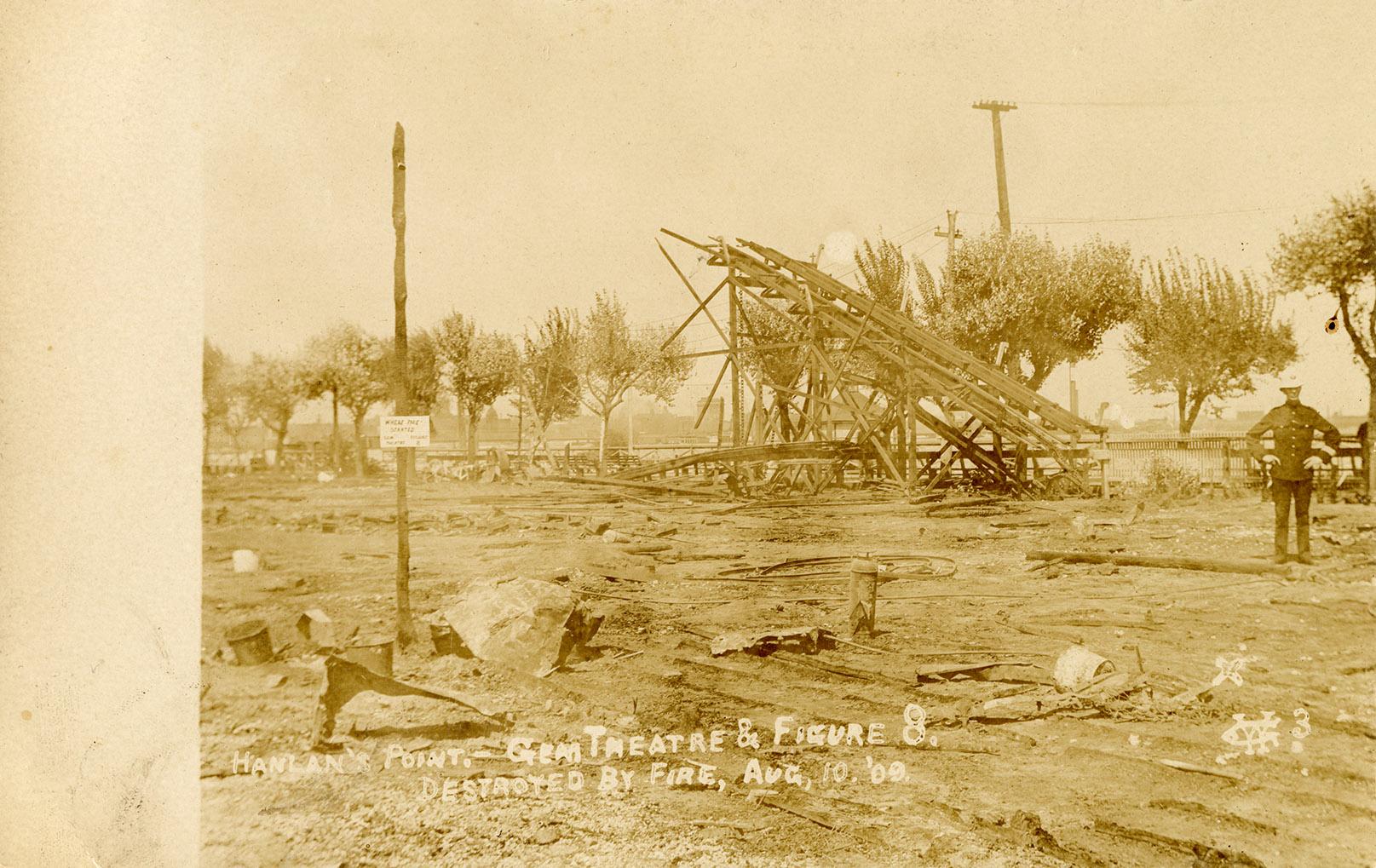 Black and white picture of fire damaged building.