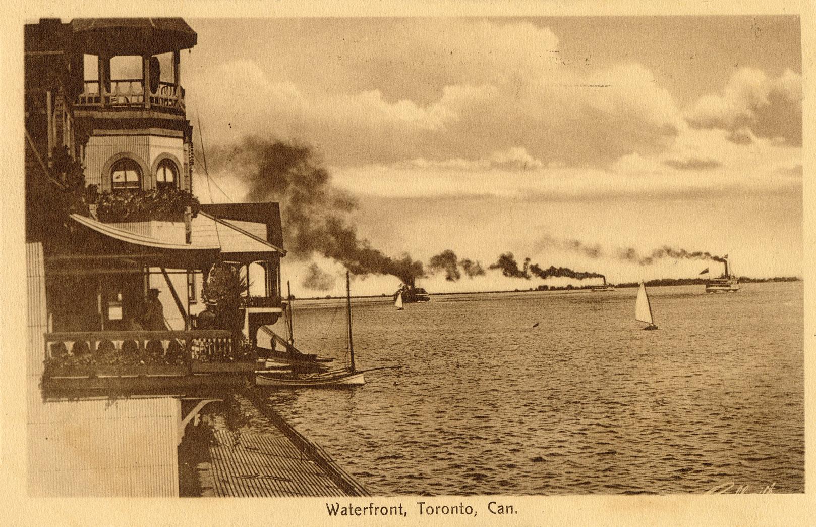 Sepia toned picture of a large body of water with sail boats and steam ships. Large Victorian b…