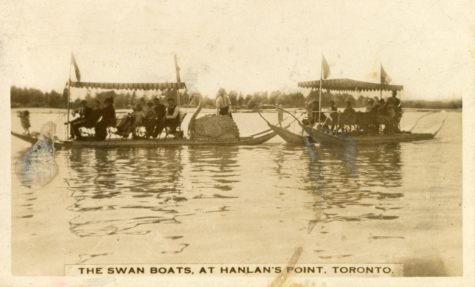 Black and white photo postcard, &quot;The Swan Boats, at Hanlan's Point, Toronto&quot; . Shows …