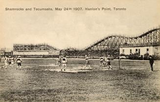 Black and white photo postcard of lacrosse game between the Shamrocks and Tecumsehs, on May 24t…