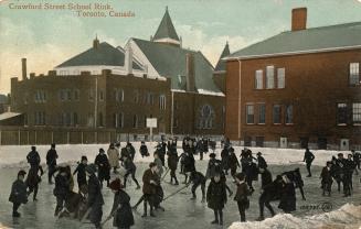 Crowd playing ice hockey.