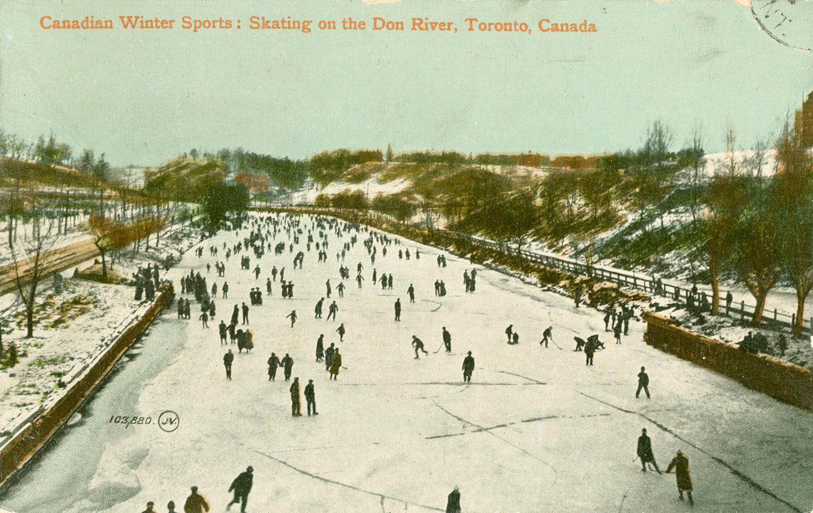 A very large group of people skating on a frozen river.
