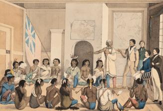 A group of Indigenous and British people meeting in a room with a British flag in the backgroun…