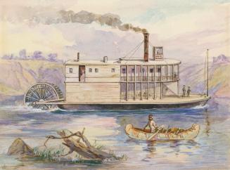 An illustration of a paddle wheel steam boat sailing on a river. A man in a canoe is nearby on …