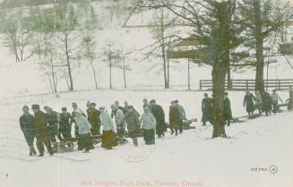  A group of people bobsleighing in a park. 