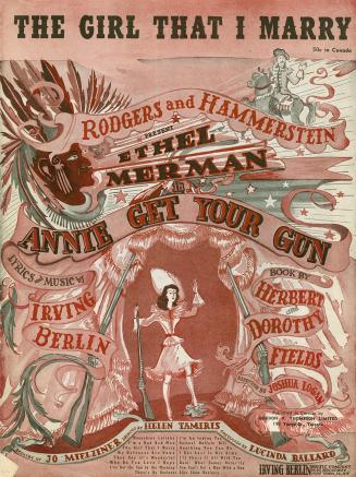 Cover features: title and musical production information; drawing of woman holding a gun, surro…