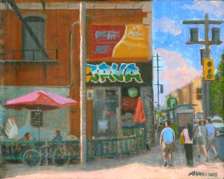 A painting of a restaurant named Java, with pedestrians walking by and two people sitting on a …