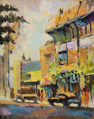 A painting of a street scene, depicting cars parked in front of a building and pedestrians walk…