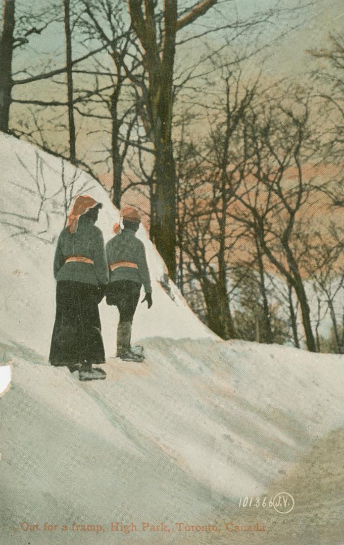 A man and a woman snowshoeing in snowy woods.