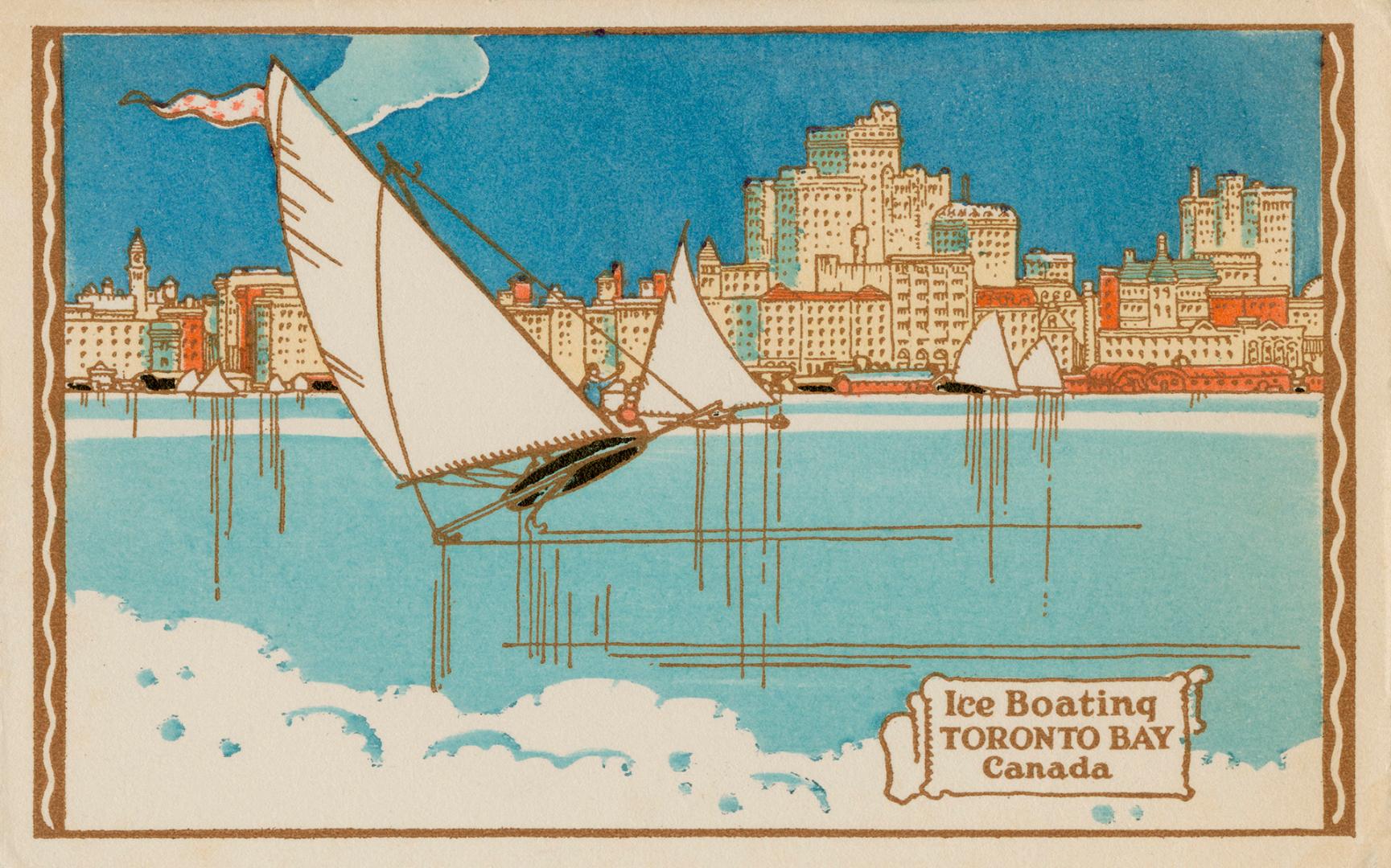 Color drawing of ice boats on a frozen lake in front of a city skyline.