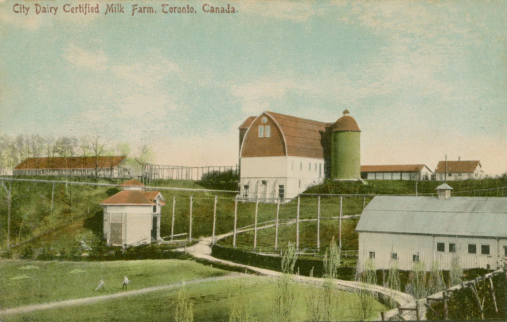 Colorized photograph of a barn with other farm buildings.