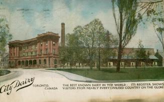 Colorized photograph showing a large factory.