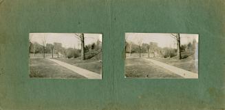 Pictures show a pathway through a park with two buildings in the background.