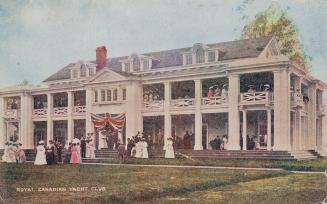 Colorized photograph of a three story building with a large veranda in front. Many people outsi…