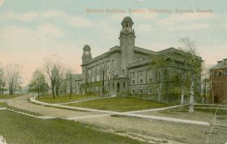 A colorized photograph of a large building with two towers and a road in front of it.