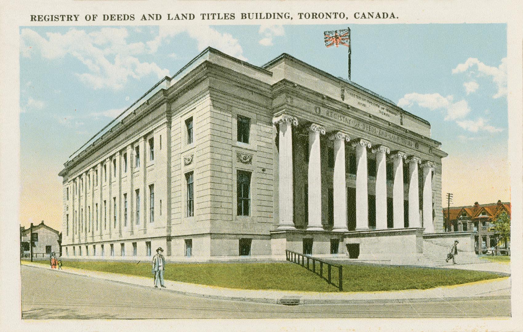 Colorized photograph of a very large public building; Roman Classical style with eight columns …