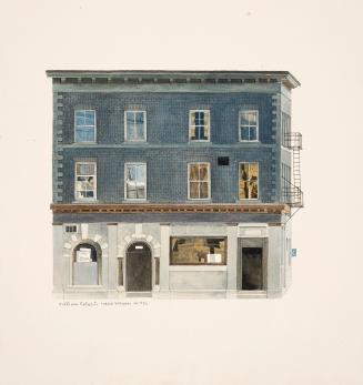 A painting of a three story hotel, with three doors on the ground floor and a fire escape on th…