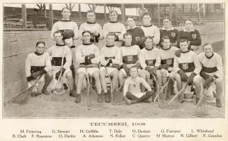 Black and white photograph of a lacrosse team in uniforms. Names are given at the bottom of the…