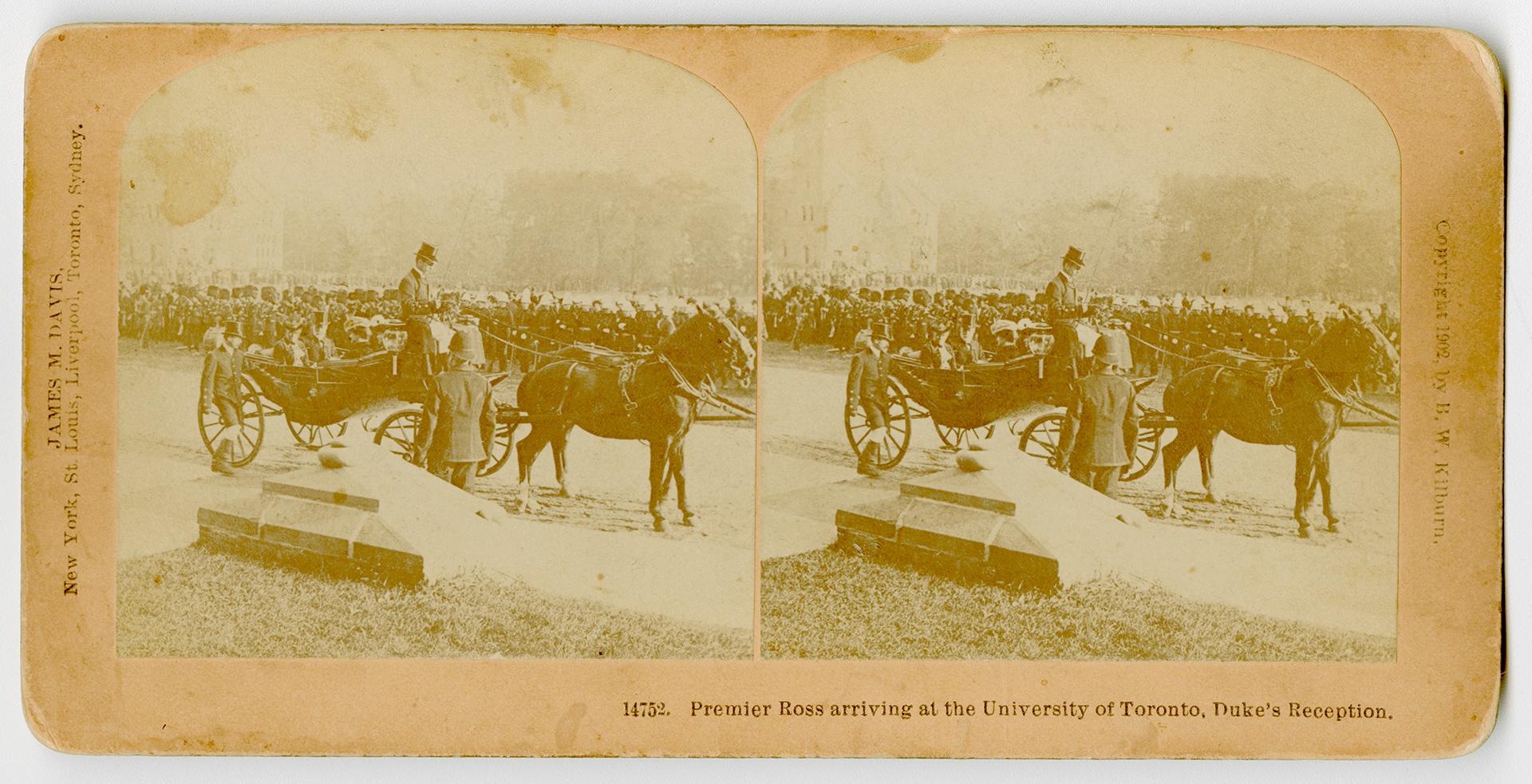 Pictures show a large group of people standing and watching as horse drawn coach with dignitari…