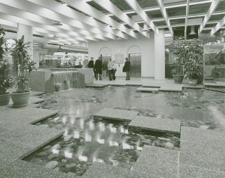 Picture of pond and water fountain in the lobby of library with people waiting for elevators in…