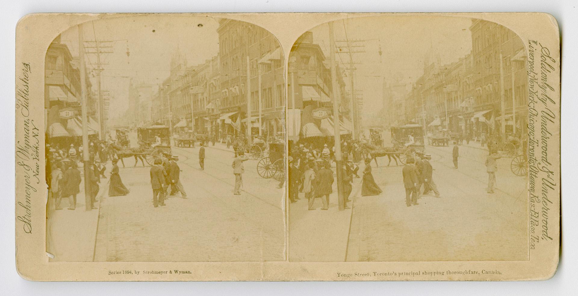 Pictures show people and horse-drawn vehicles in a busy city street.