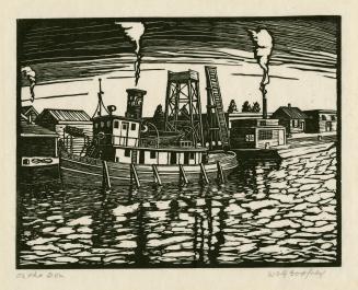 A woodcut print of a tugboat docked on a river. There is smoke or steam emerging from the tugbo…