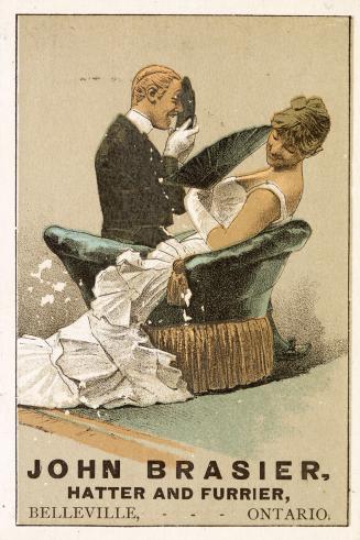 Colour card advertisement. Front of card depicts an illustration of a woman and man sitting, fa…