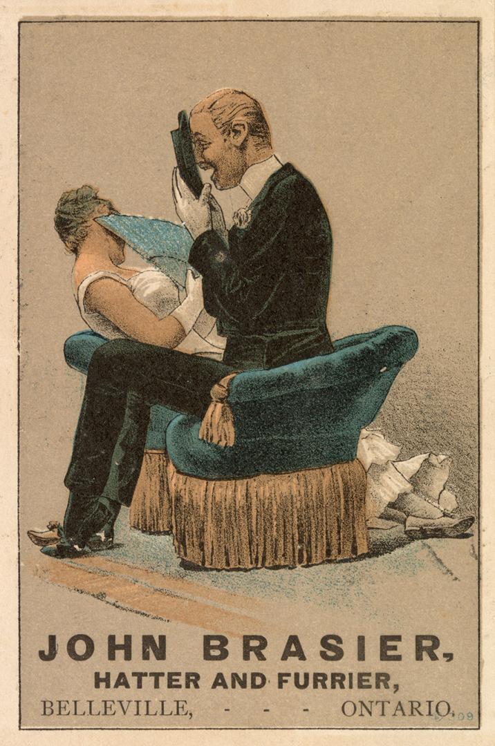 Colour card advertisement. Front of card depicts an illustration of a woman and man sitting, fa…