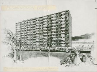 Reproduction of an architectural rendering of an apartment building planned for Flemingdon Park…