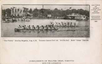 Advertisement for Dean's Canoes. Black and white photograph of two canoes each with ten men pad…