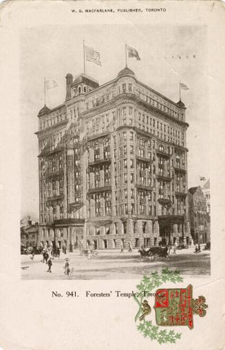 Black and white image of a large eleven story building with pedestrians and horse drawn vehicle…