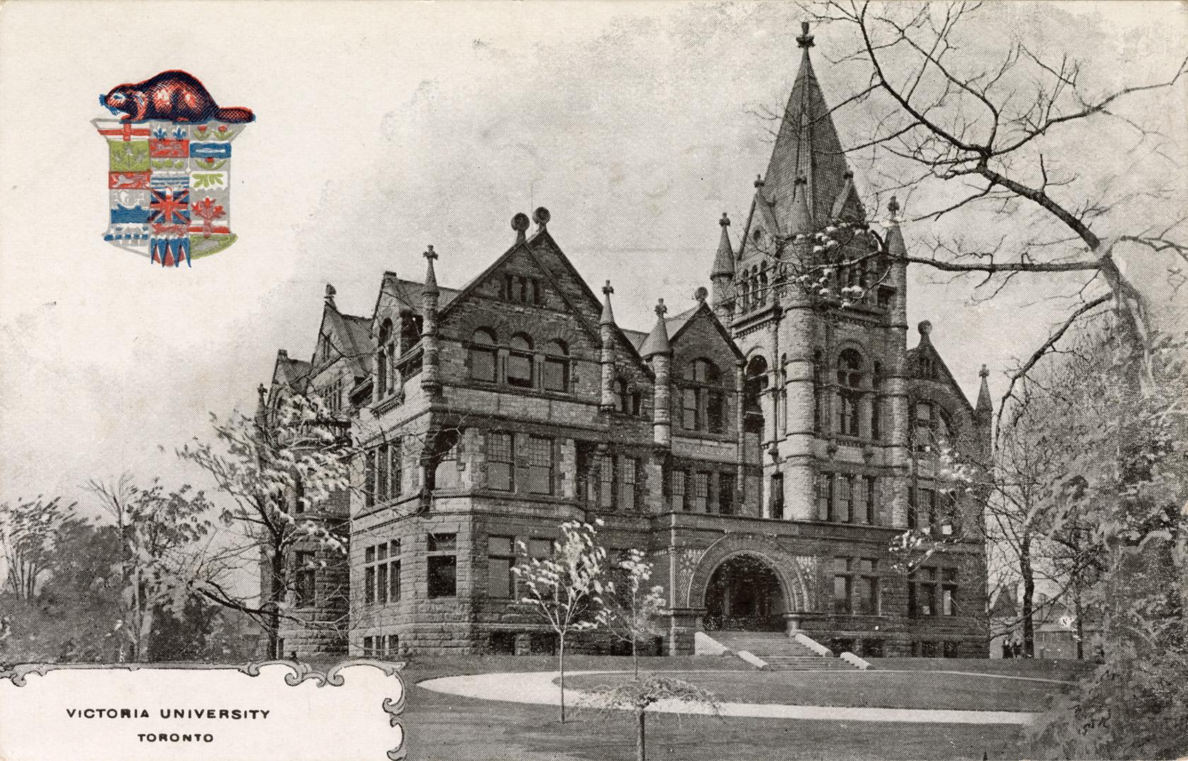 Black and white photograph of a huge Richardsonian Romanesque building with a central tower. Cr…