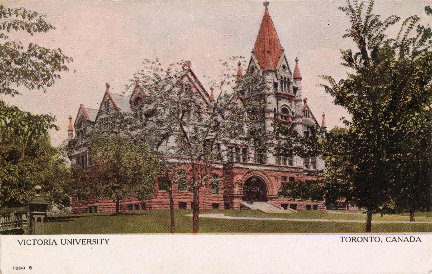 Colorized photograph of a huge Richardsonian Romanesque building with a central tower.
