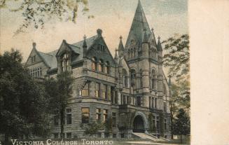 Colorized photograph of a huge Richardsonian Romanesque building with a center tower.
