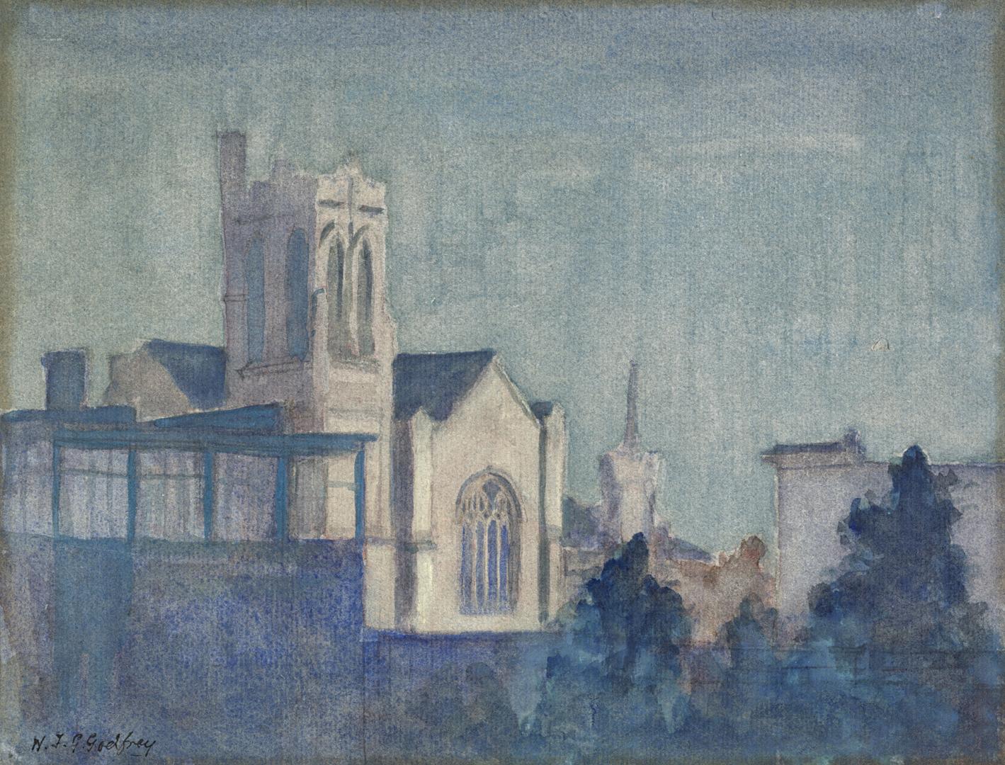 A watercolour painting of a white church, with bell tower to the left of the arched front doorw…