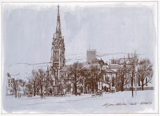 A photolithograph of a pen-and-ink drawing by Tom McNeely. The cathedral is rendered, with tall…