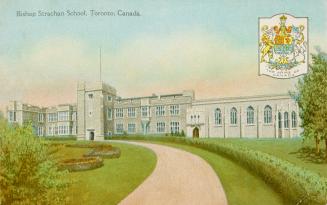 Colorized photograph of a large two story building made of Credit Valley Limestone. There is an…