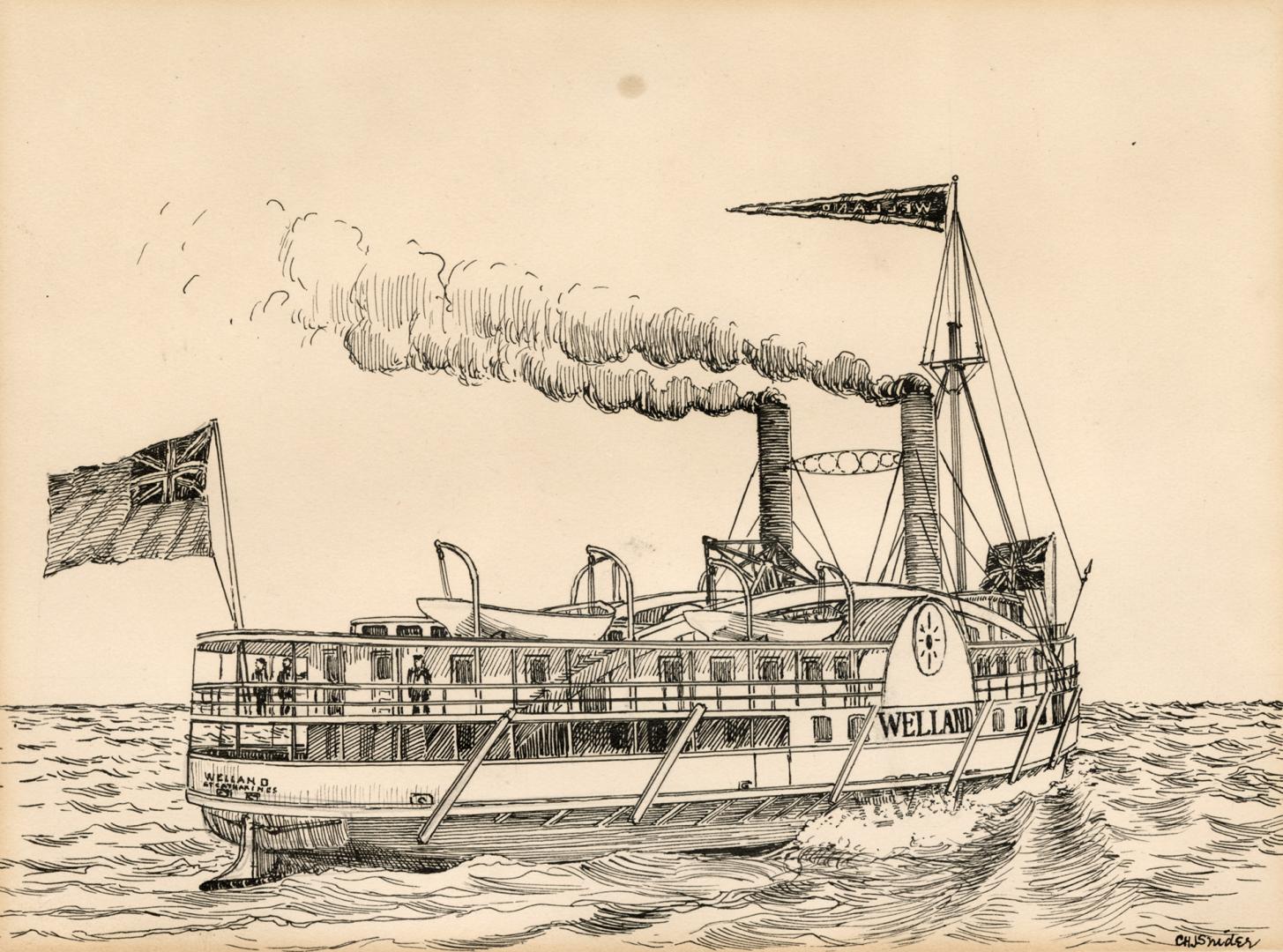 An illustration of a steamboat in a body of water. The word &quot;Welland&quot; is written on t…